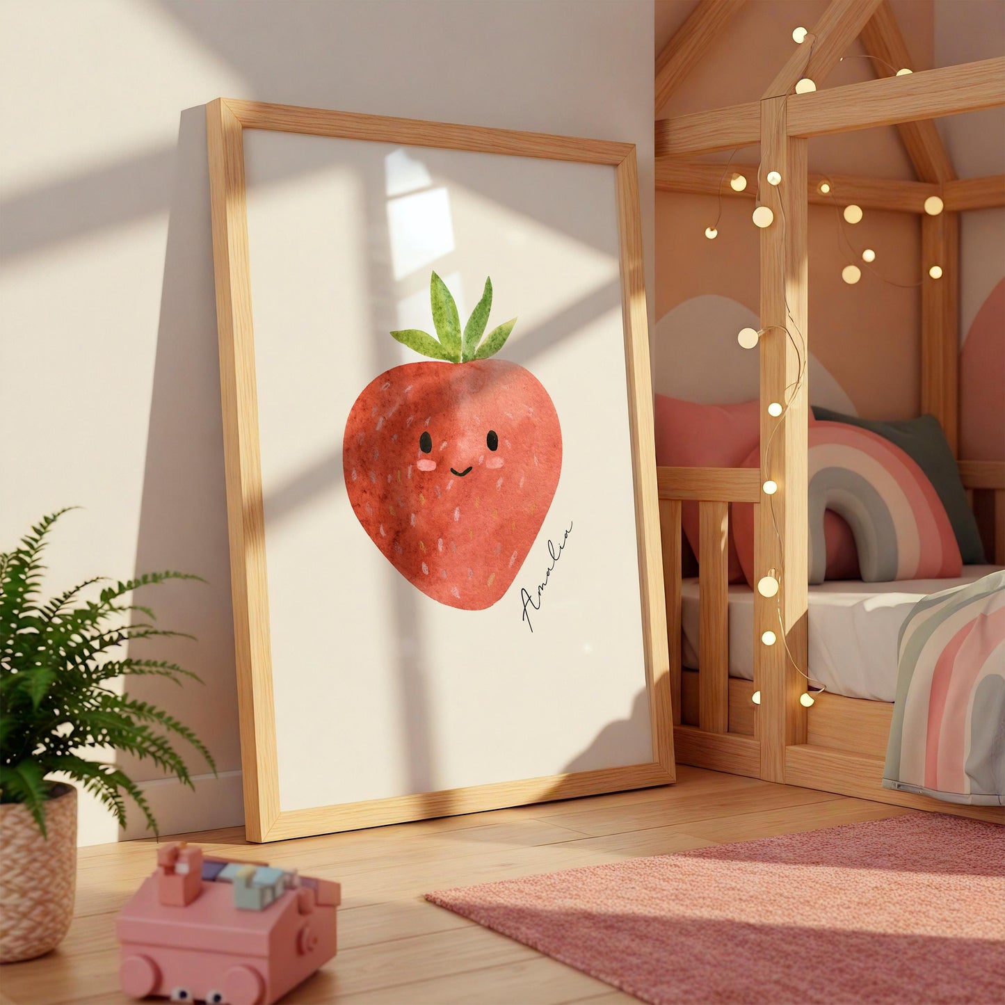 Namensposter Erdbeere A3 & A4 in Holzrahmen, personalisiert mit „Amalia“, illustriert mit einer lächelnden Erdbeere, passt perfekt in ein Kinderzimmer.
