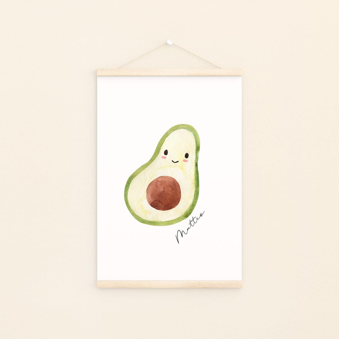 Namensposter Avocado A3 & A4: Minimalistisches Poster mit cartoonhafter Avocado-Hälfte und handschriftlichem Matteo. Perfekt personalisierbar für Kinderzimmerdekoration.