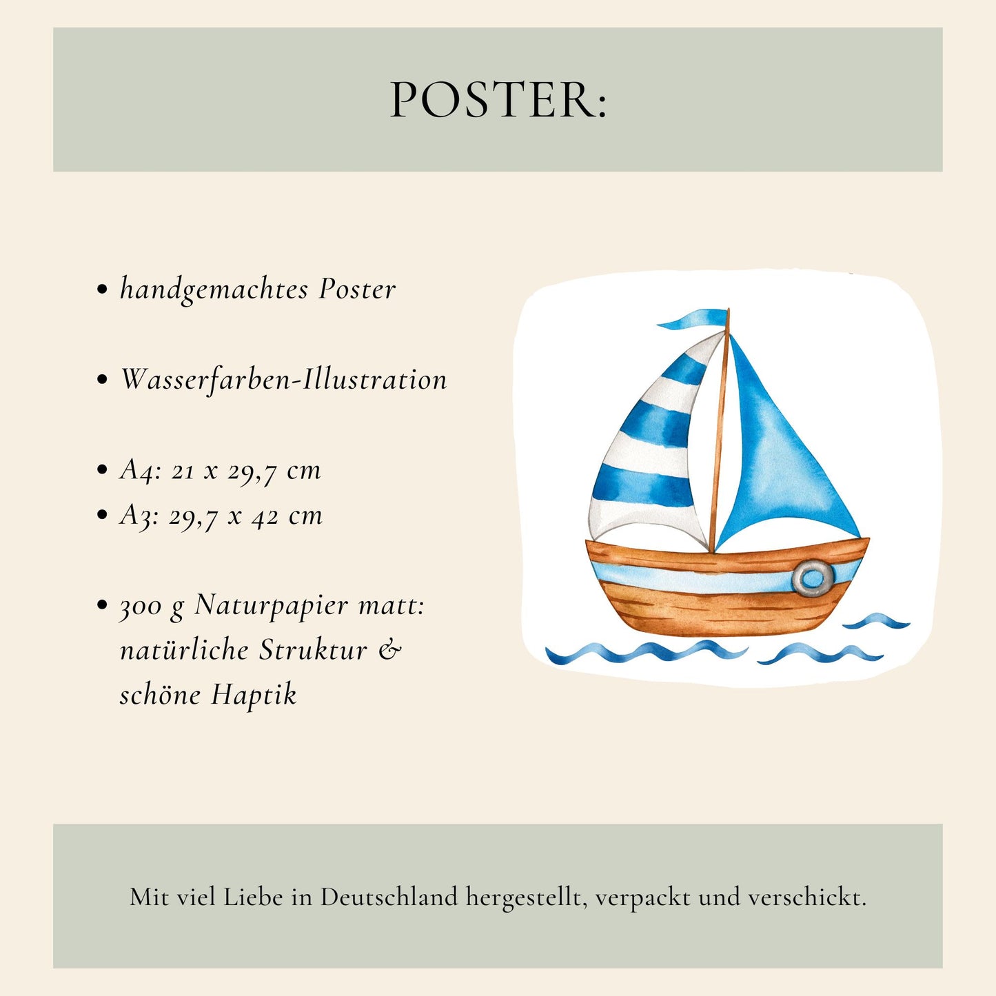 Posterset Boot Leuchtturm Wal A3 & A4: Handgemaltes Aquarell-Segelboot auf Naturpapier. Ideal für Kinderzimmer. Erhältlich in A4 und A3. Hergestellt in Deutschland.