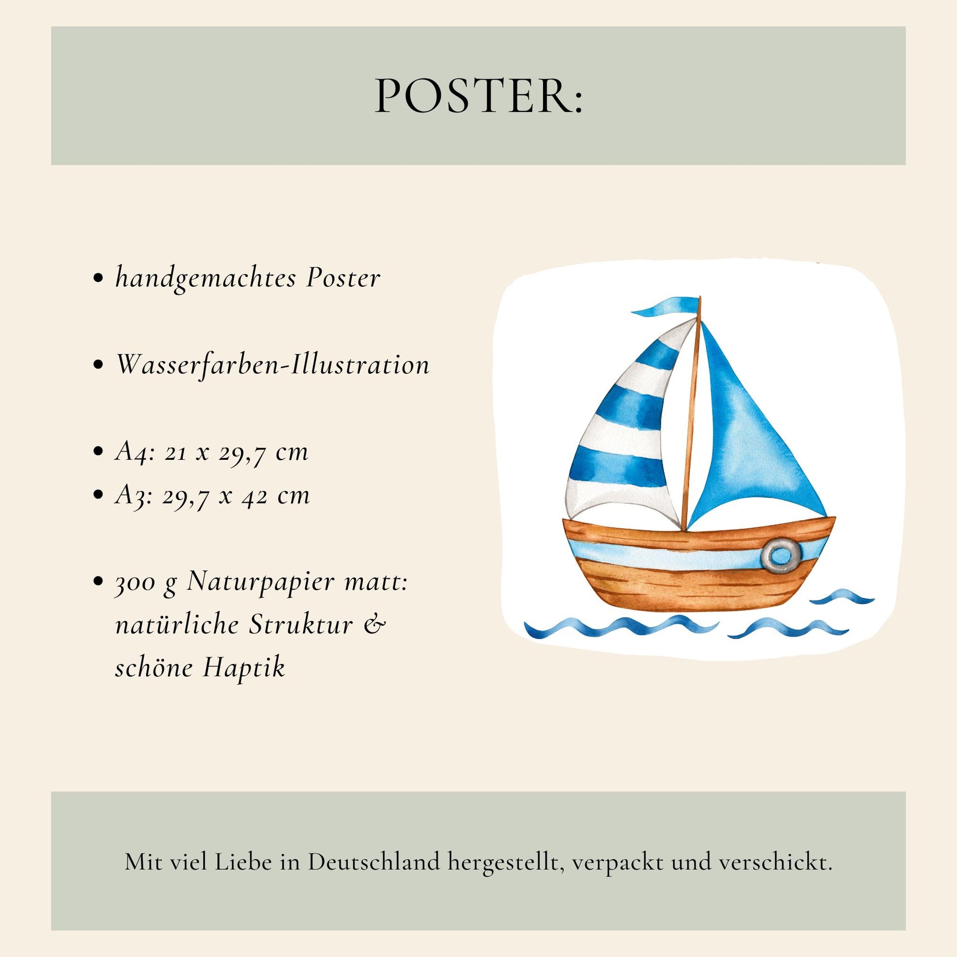 Posterset Boot Leuchtturm Wal A3 & A4: Handgemaltes Aquarell-Segelboot auf Naturpapier. Ideal für Kinderzimmer. Erhältlich in A4 und A3. Hergestellt in Deutschland.
