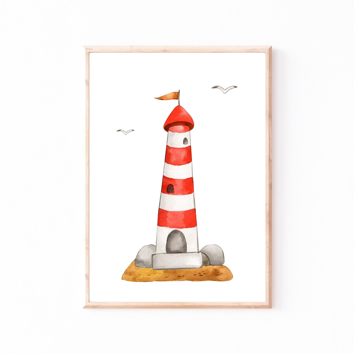Illustration eines rot-weiß gestreiften Leuchtturms im Aquarellstil, Teil des Namensposter personalisiert im 3er Set: Segelboot und Leuchtturm, in einem Holzrahmen.