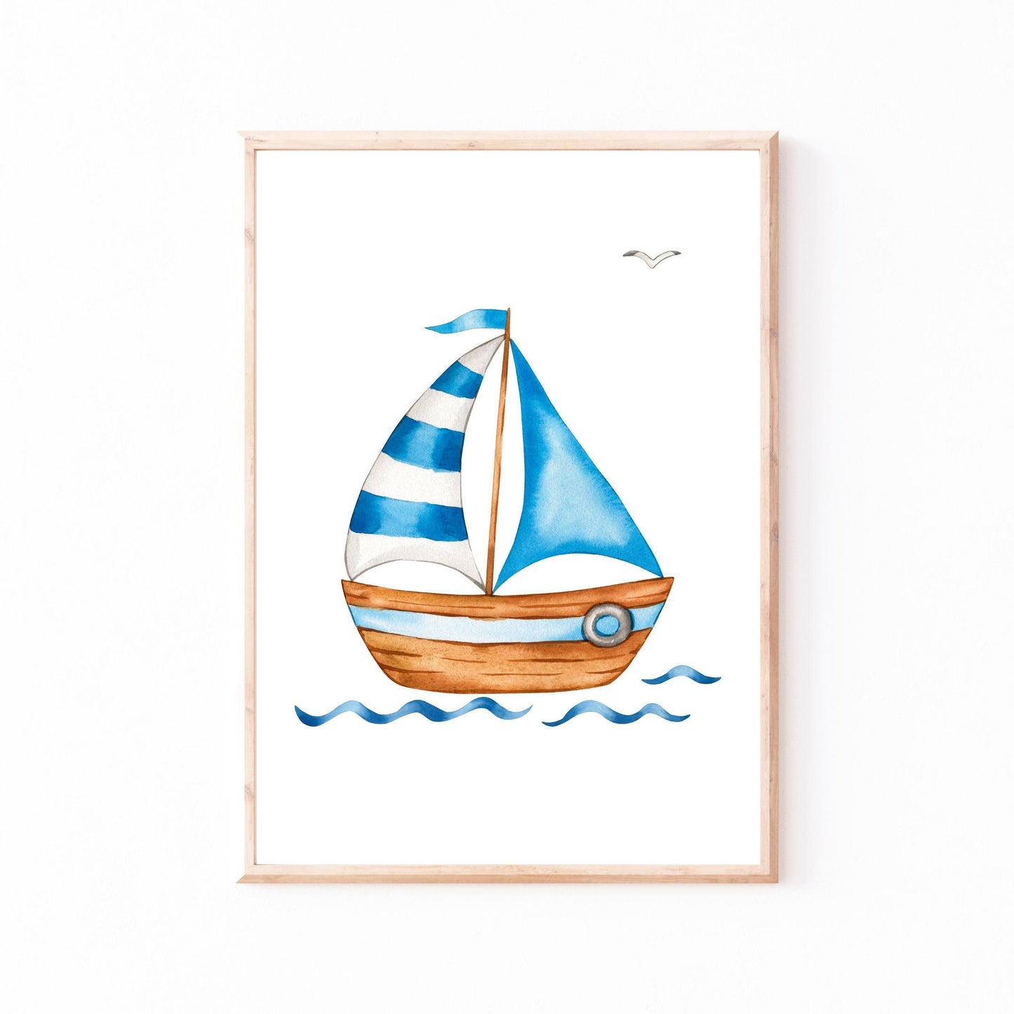 Framed watercolor illustration of a sailboat, part of the Namensposter personalisiert im 3er Set: Segelboot und Leuchtturm, perfect for children's rooms.