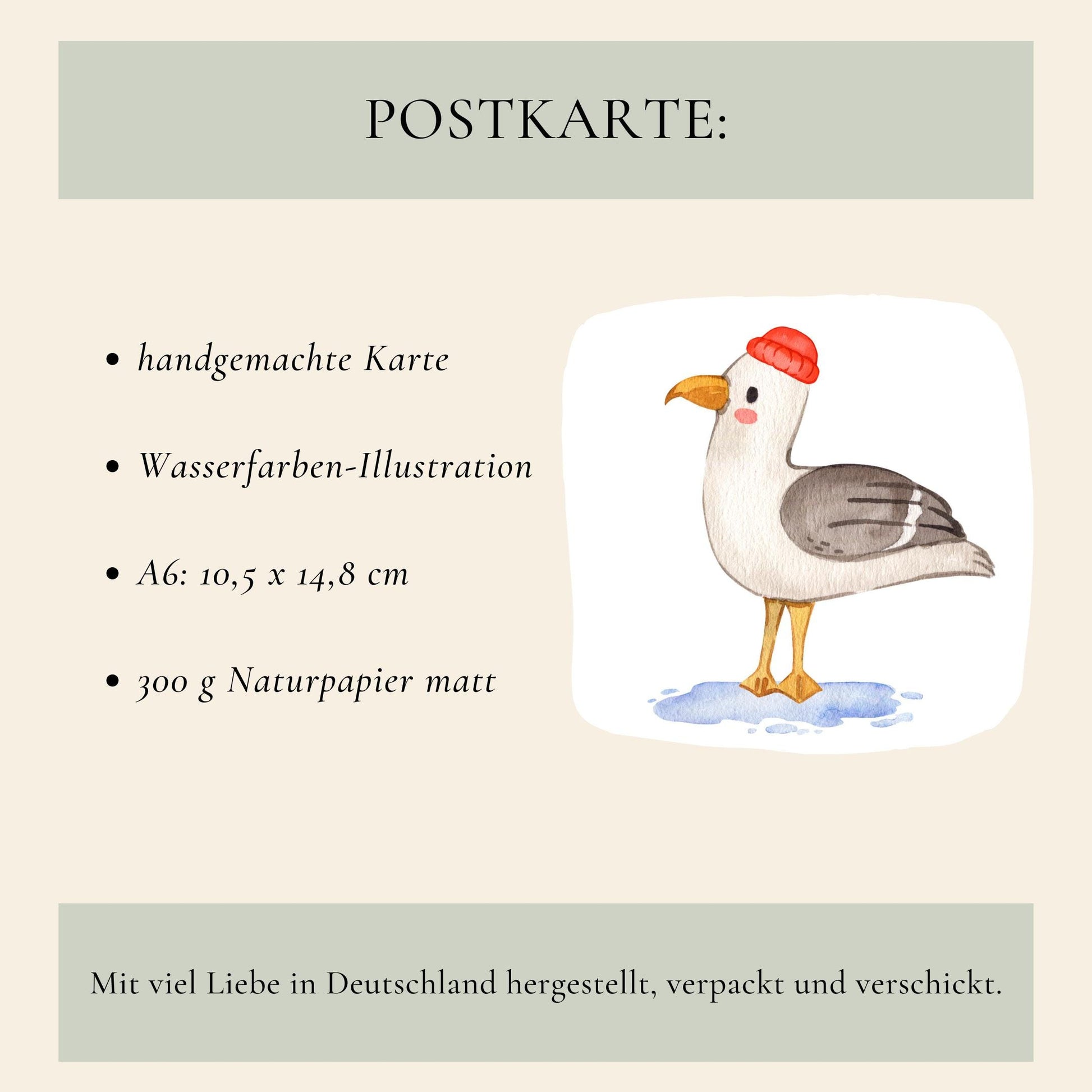 Postkarte Möwe A6: Handgemachte Karte mit Aquarell-Möwe in roter Mütze auf Naturpapier, Format A6. Perfekt für Grüße oder als Dekoration.