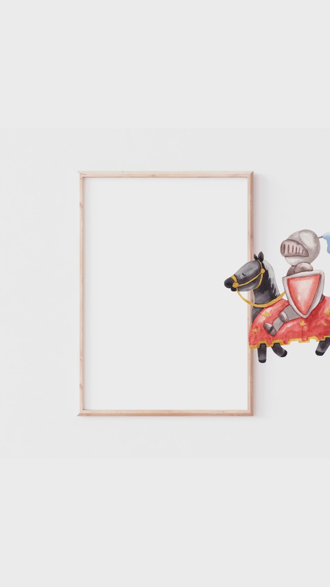 Video Animation. Ein illustrierter Ritter in Rüstung reitet auf seinem schwarzen Pferd mit roter Decke in einen Bildrahmen aus Holz. Poster für Kinder perfekt als Dekoration für das Kinderzimmer.