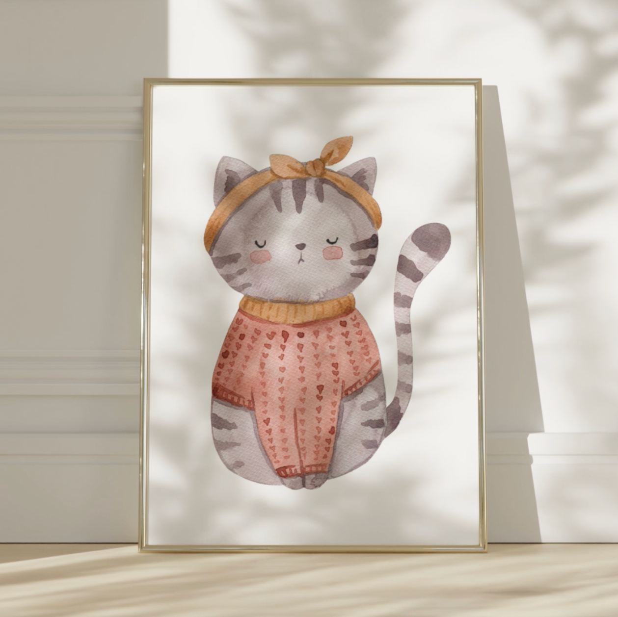 Poster Katze Vintage A4 & A3: Illustration einer fantasievollen Katze in einem Pullover, ideal als Kinderzimmerdeko, auf hochwertigem 300g Naturpapier gedruckt.